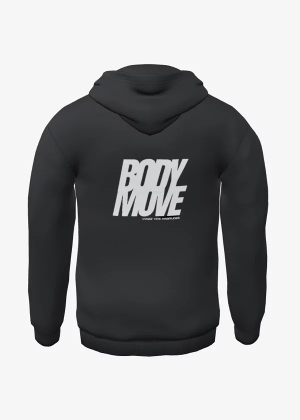 Sweat à capuche noir, avec le logo bodymove à l'avant et à l'arrière. Bodymove formule de sport et nutrition.