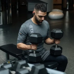 HOMME FAISANT DE LA MUSCU AVEC DES HALTERES SUR UN BANC
